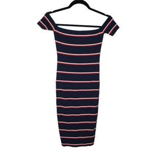 Codigo Size S Sweater Bodycon Off Shoulder Navy Blue/Red/White Stripe Dress.